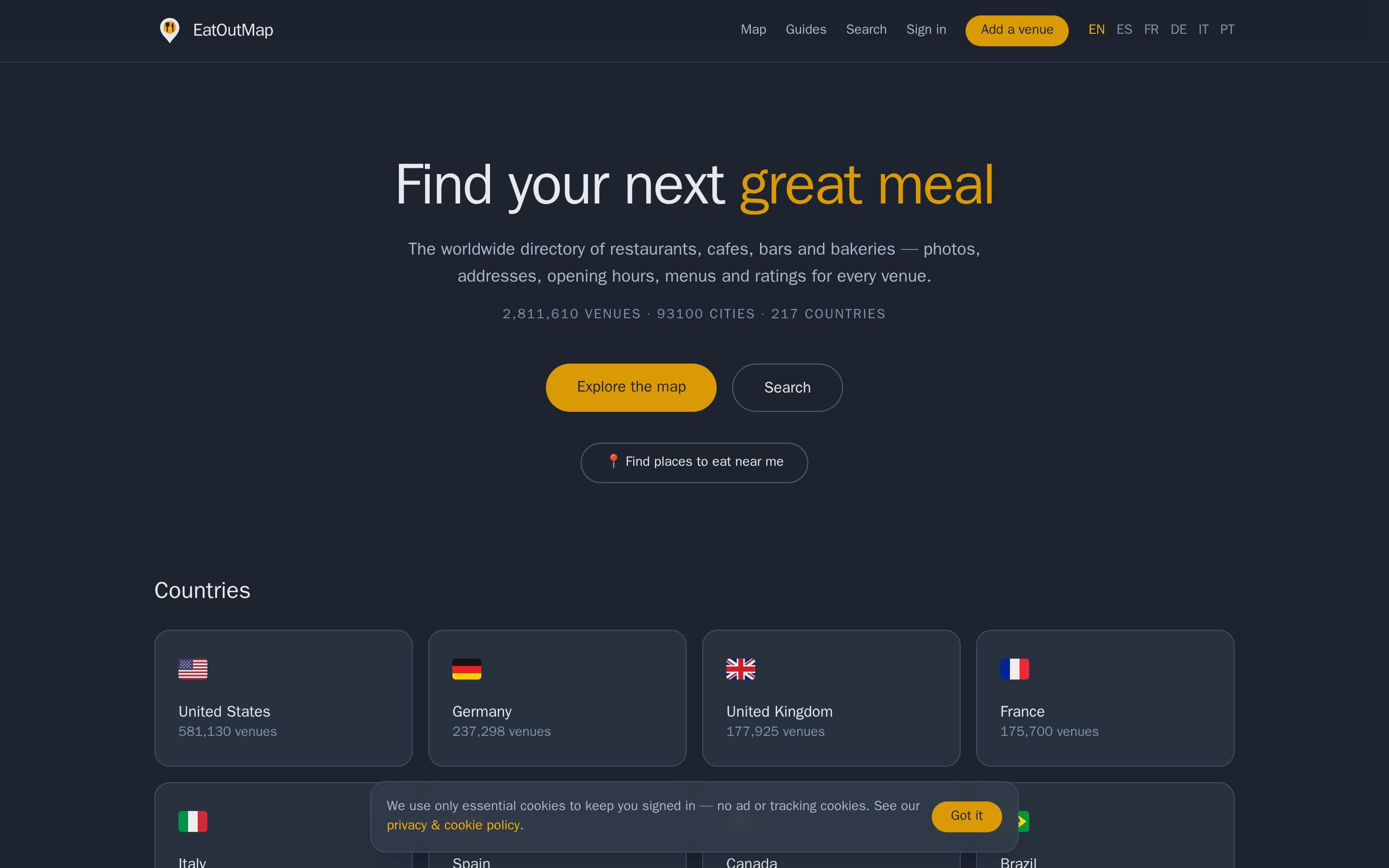 The EatOutMap homepage