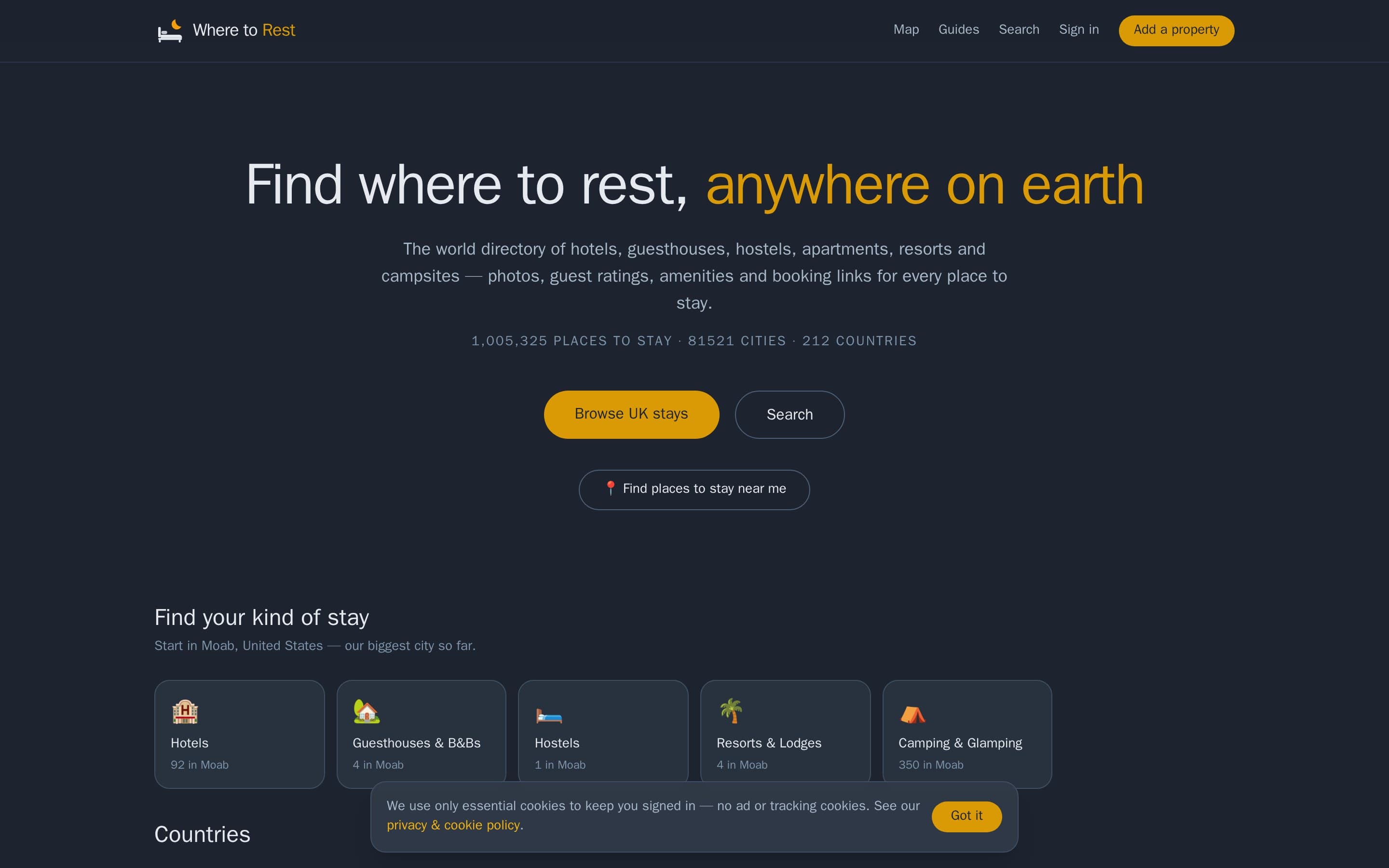 The Where to Rest homepage