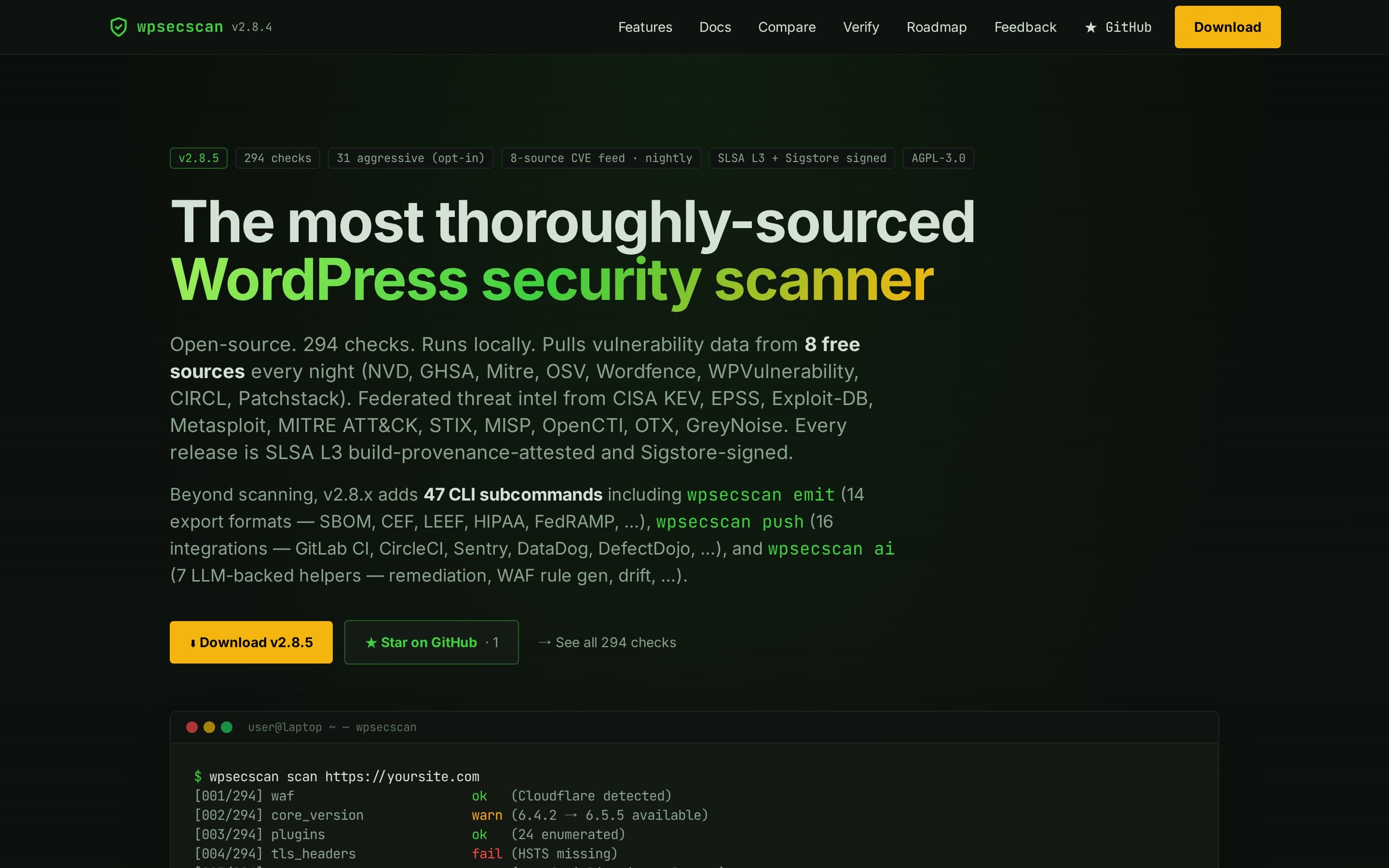 The WP Sec Scan homepage