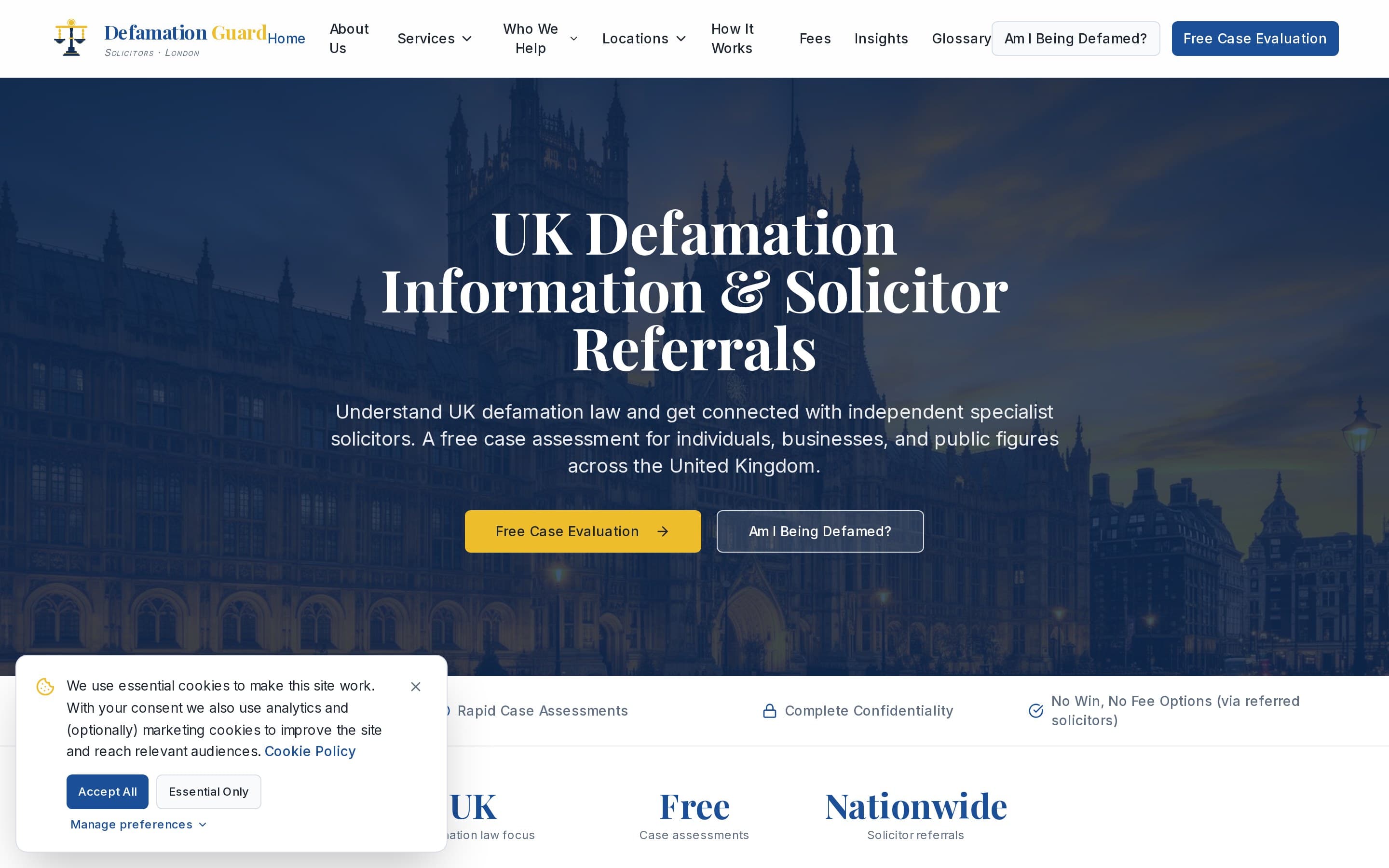 Screenshot of the Defamation Guard website — view 1 of 3