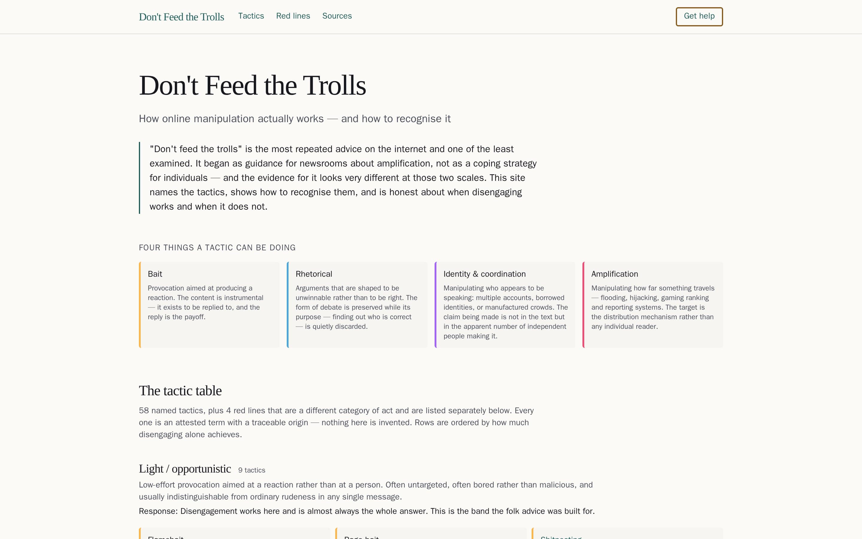 Screenshot of the Don't Feed the Trolls website — view 1 of 3