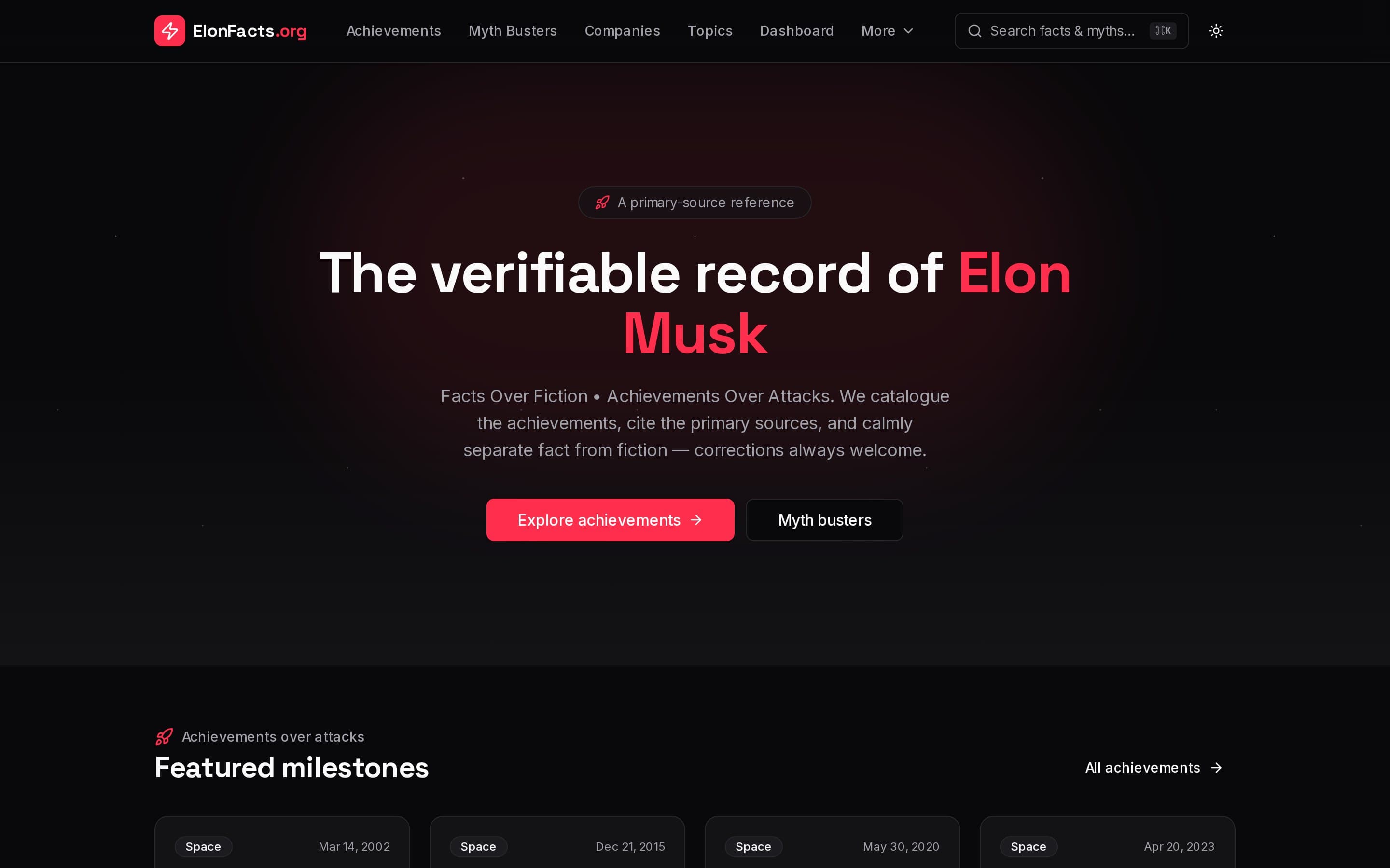 Screenshot of the ElonFacts website — view 1 of 3