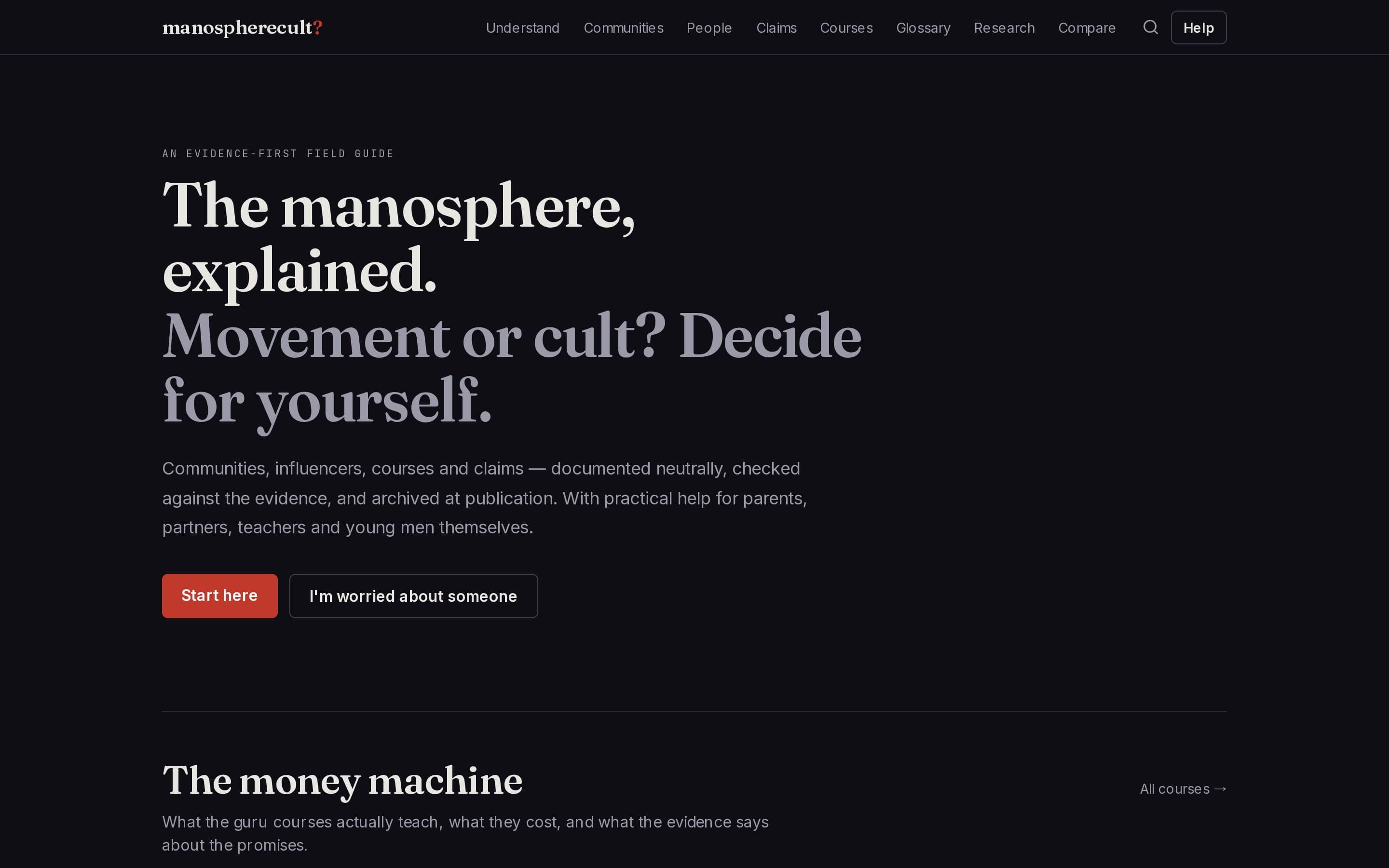 Screenshot of the Manosphere Cult website — view 1 of 3