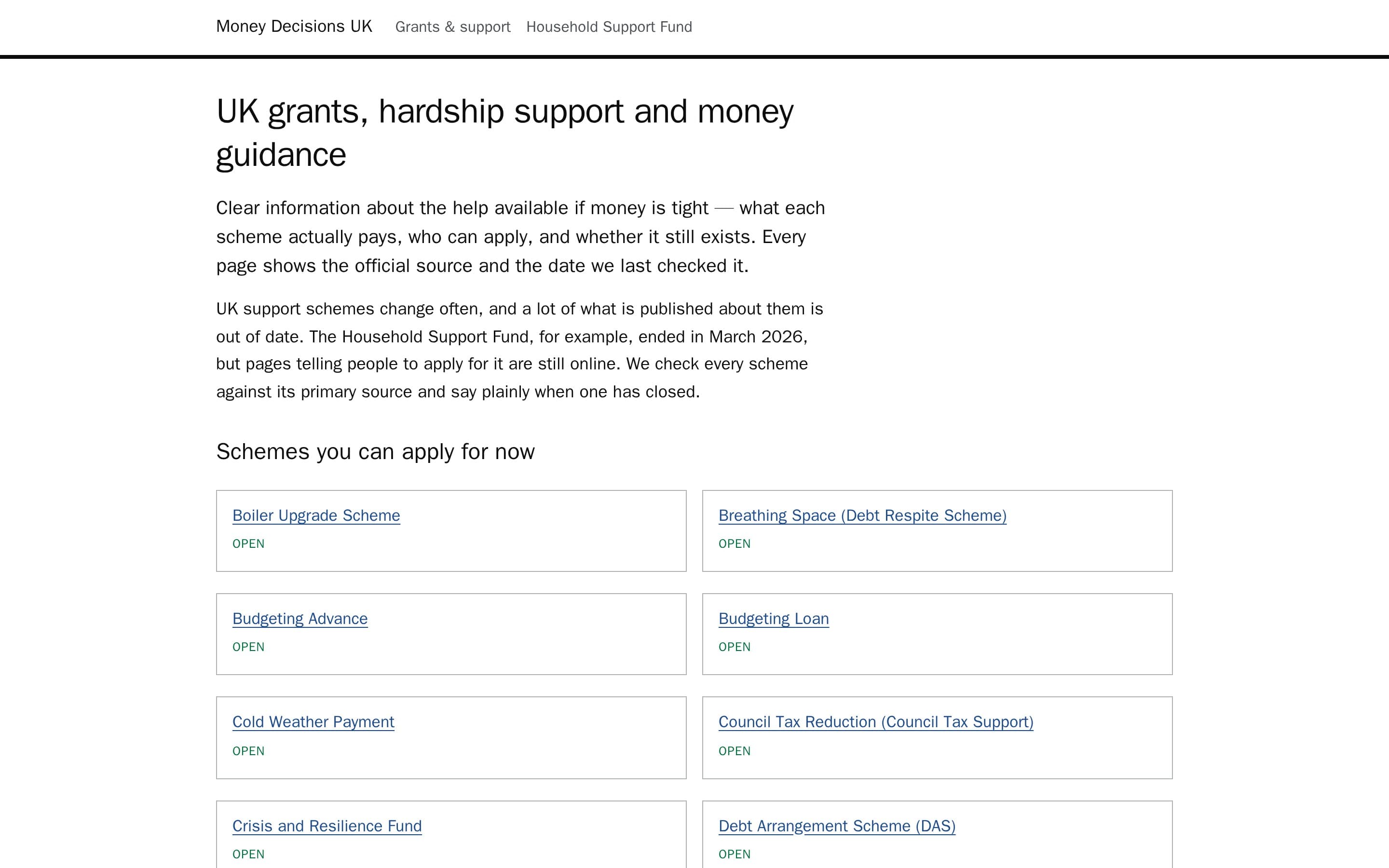 The Money Decisions UK homepage