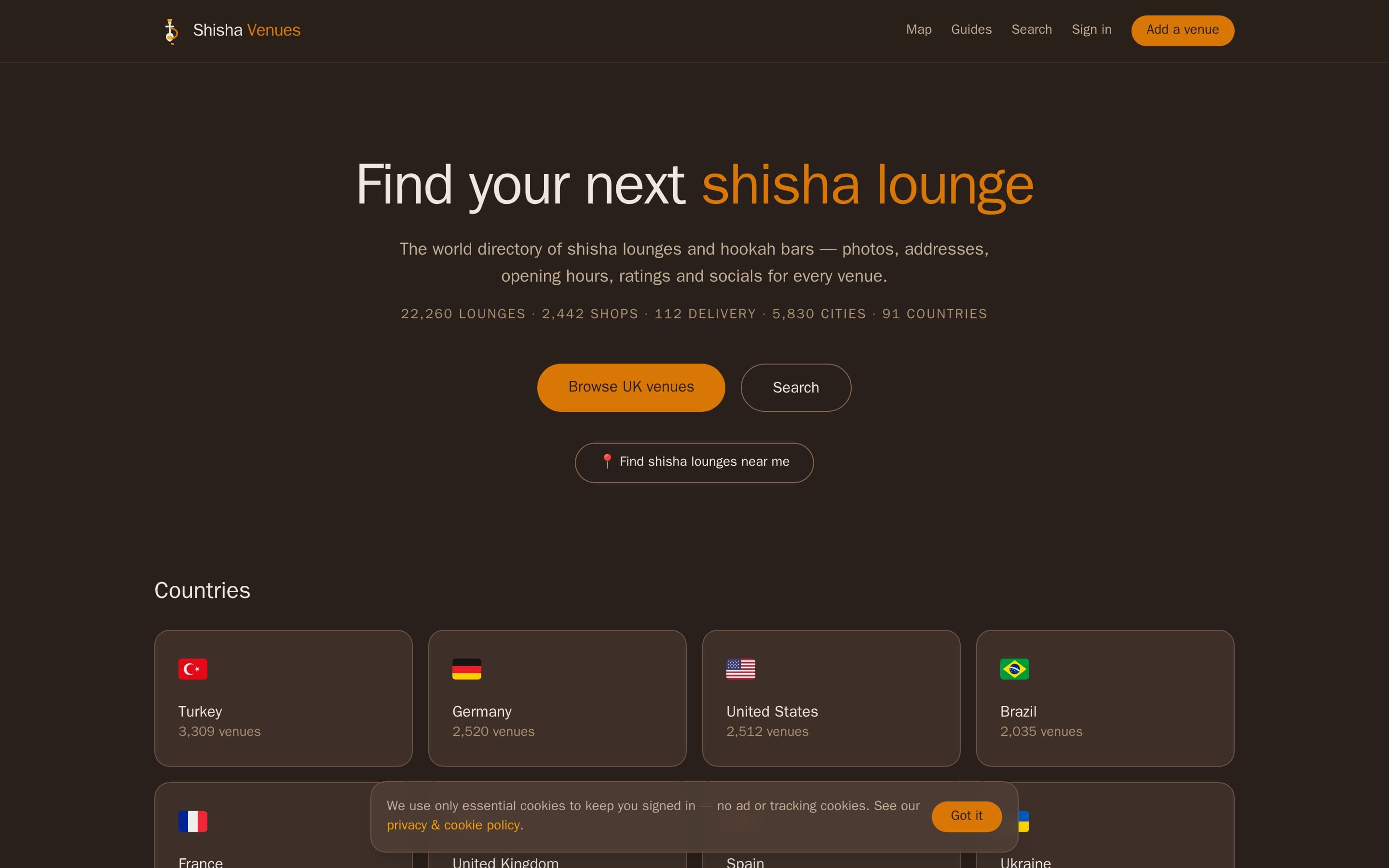 Screenshot of the Shisha Venues website — view 1 of 3