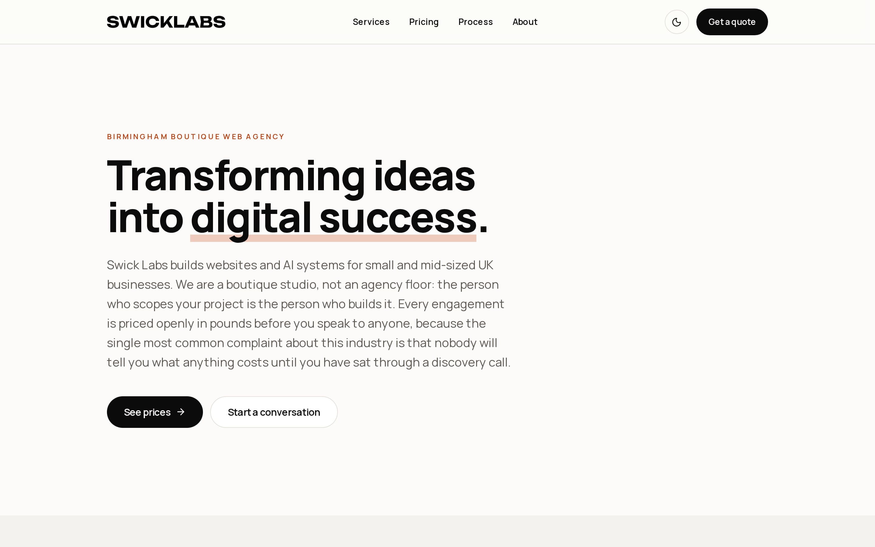 Screenshot of the Swick Labs website — view 1 of 3